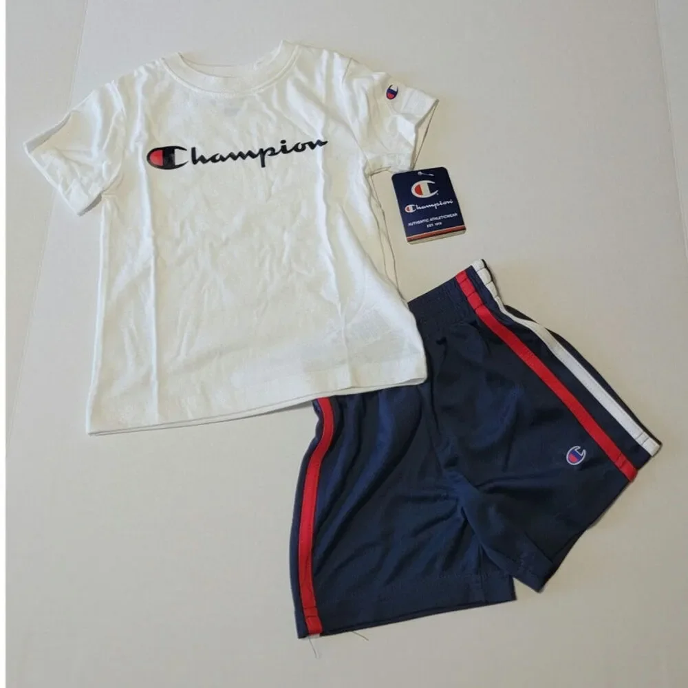 Champion Toddler 2 Piece Activewear Set White T-Shirt & Navy Athletic Shorts